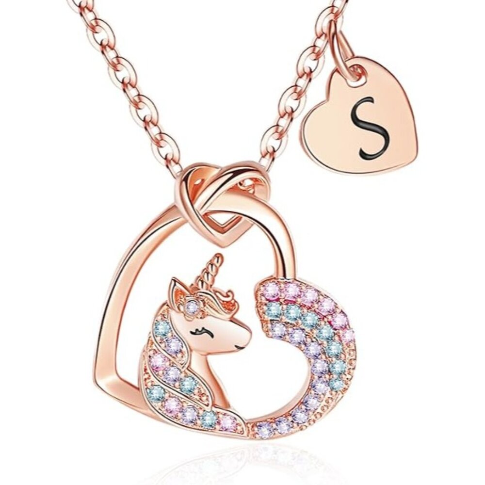 14K Gold Plated Unicorn Necklace Initial S  Girls Heart CZ Pendant Hypoallergeni